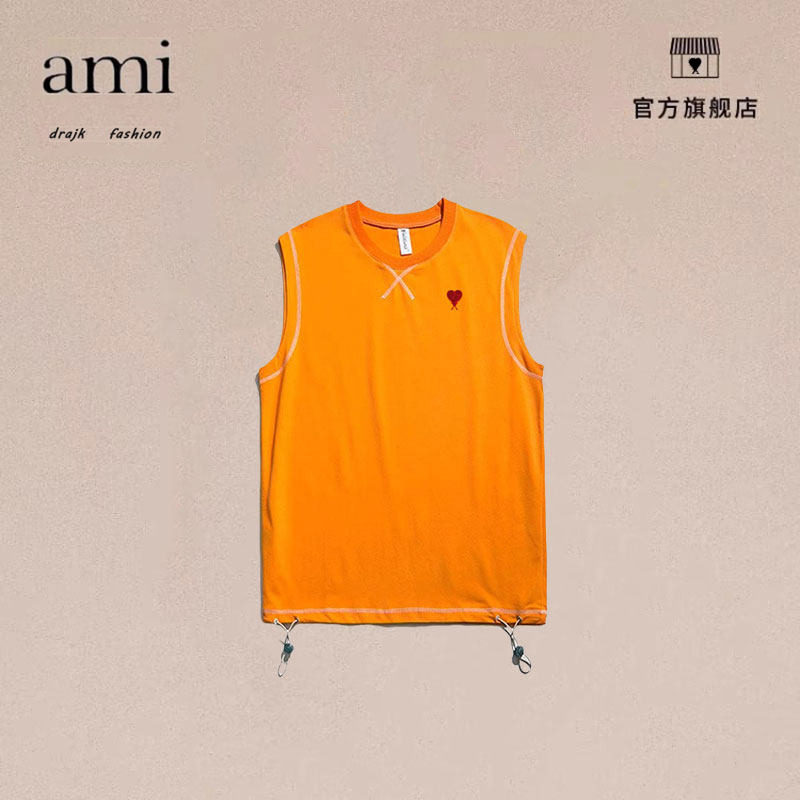 正品AMI DRAJK夏季新款百搭简约无袖背心男士短袖T恤纯色运动坎肩