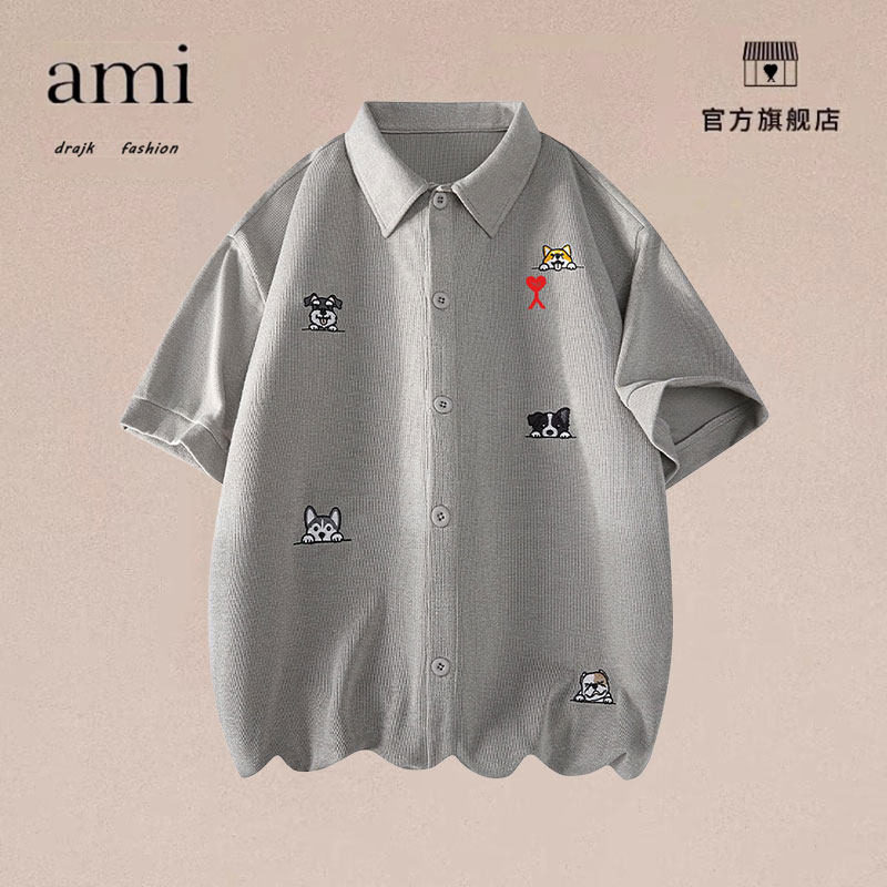 正品AMI DRAJK针织短衬衫男夏季大码半袖翻领刺绣小狗狗卡通潮流
