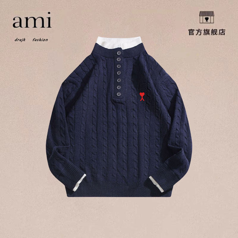 正品AMI DRAJK美式复古麻花纹毛衣男假两件纽扣针织衫慵懒风宽松