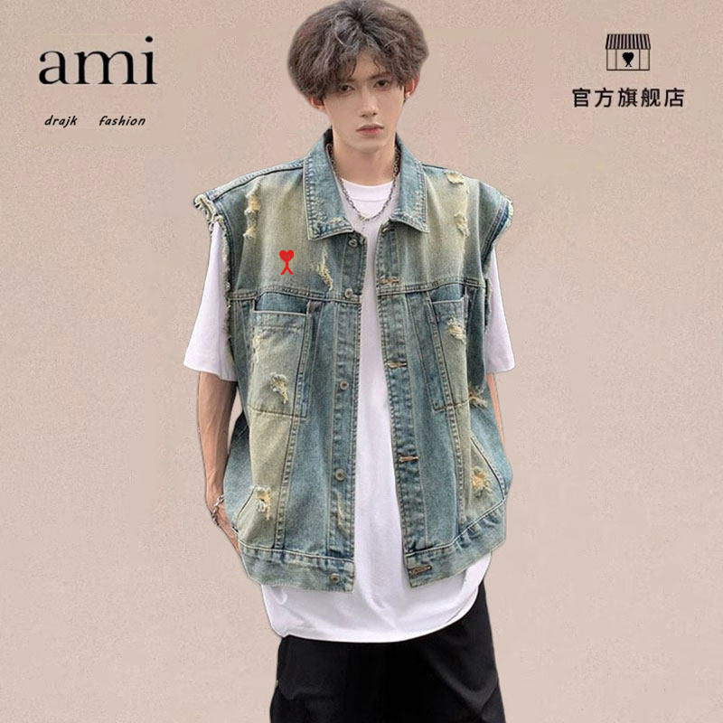 正品AMI DRAJK美式水洗牛仔马甲男夏季宽松休闲百搭做旧坎肩外套