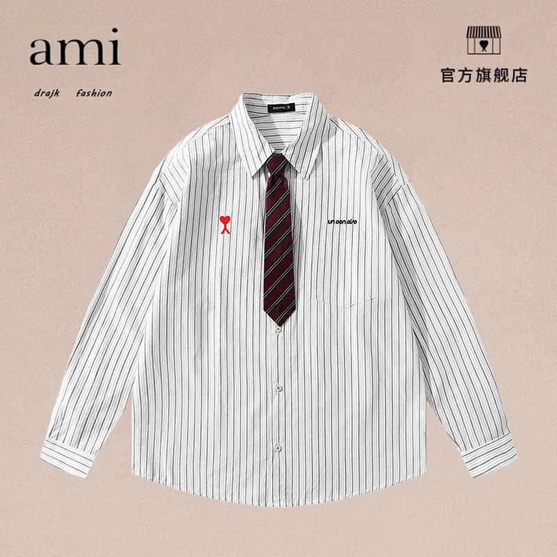 正品AMI DRAJK日系复古学院风条纹领带衬衫男秋季宽松高级感衬衣