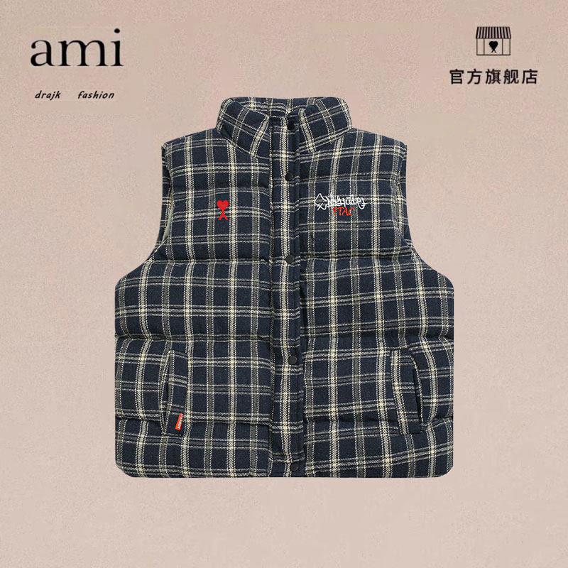 正品AMI DRAJK时尚格子立领棉马甲男无袖保暖秋冬坎肩叠穿复古潮