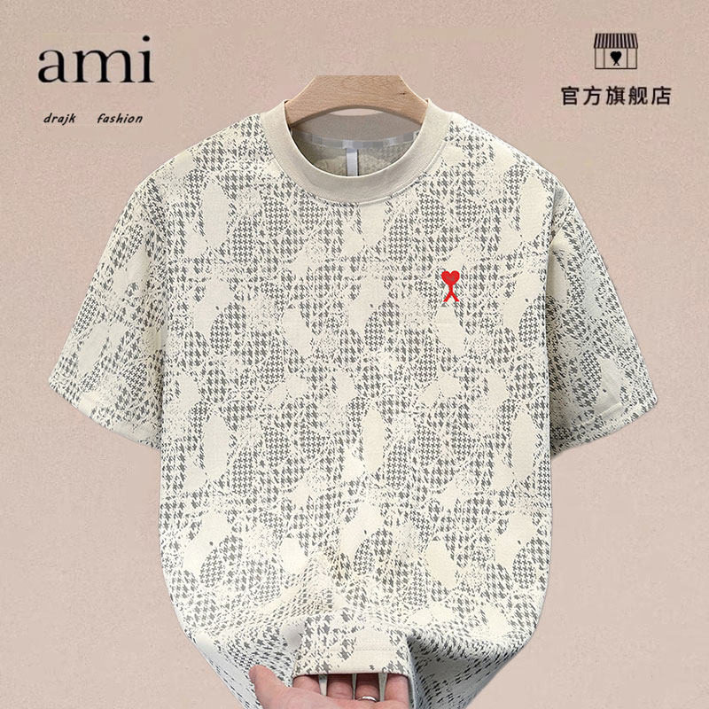 正品AMI DRAJK夏季韩版撞色暗纹提花圆领短袖T恤百搭潮上衣男体恤