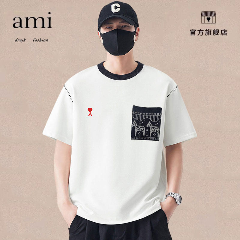 正品AMI DRAJK刺绣冰丝短袖t恤男款夏季潮圆领T半袖民族风体恤