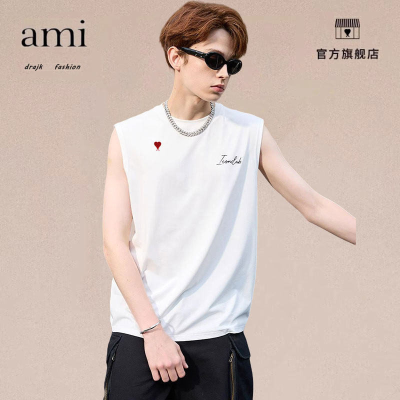 正品AMI DRAJK复古手写字体索罗娜凉感外穿无袖落肩背心男女T恤夏