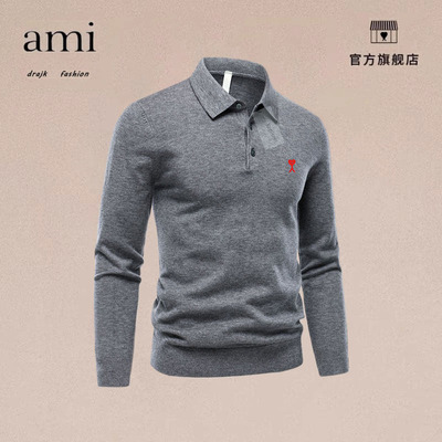 正品AMI DRAJK男士秋冬季POLO衫毛衣翻领长袖t恤针织衫休闲上衣男