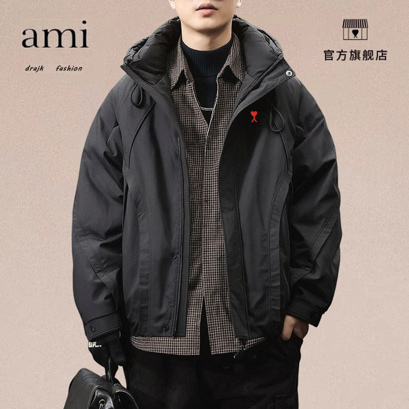 正品AMI DRAJK冲锋工装羽绒棉服男小格纹肌理感休闲宽松棉服外套
