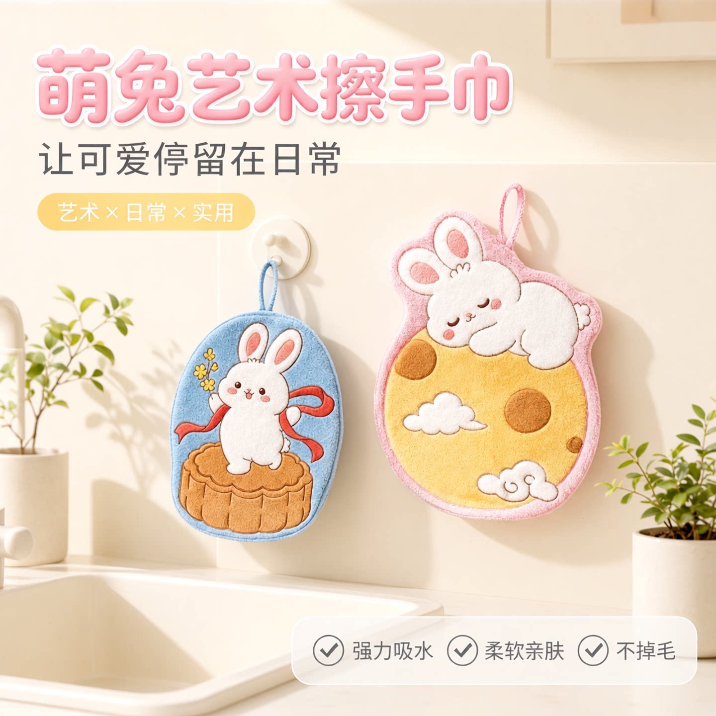 可爱兔子可挂式吸水不掉毛擦手巾