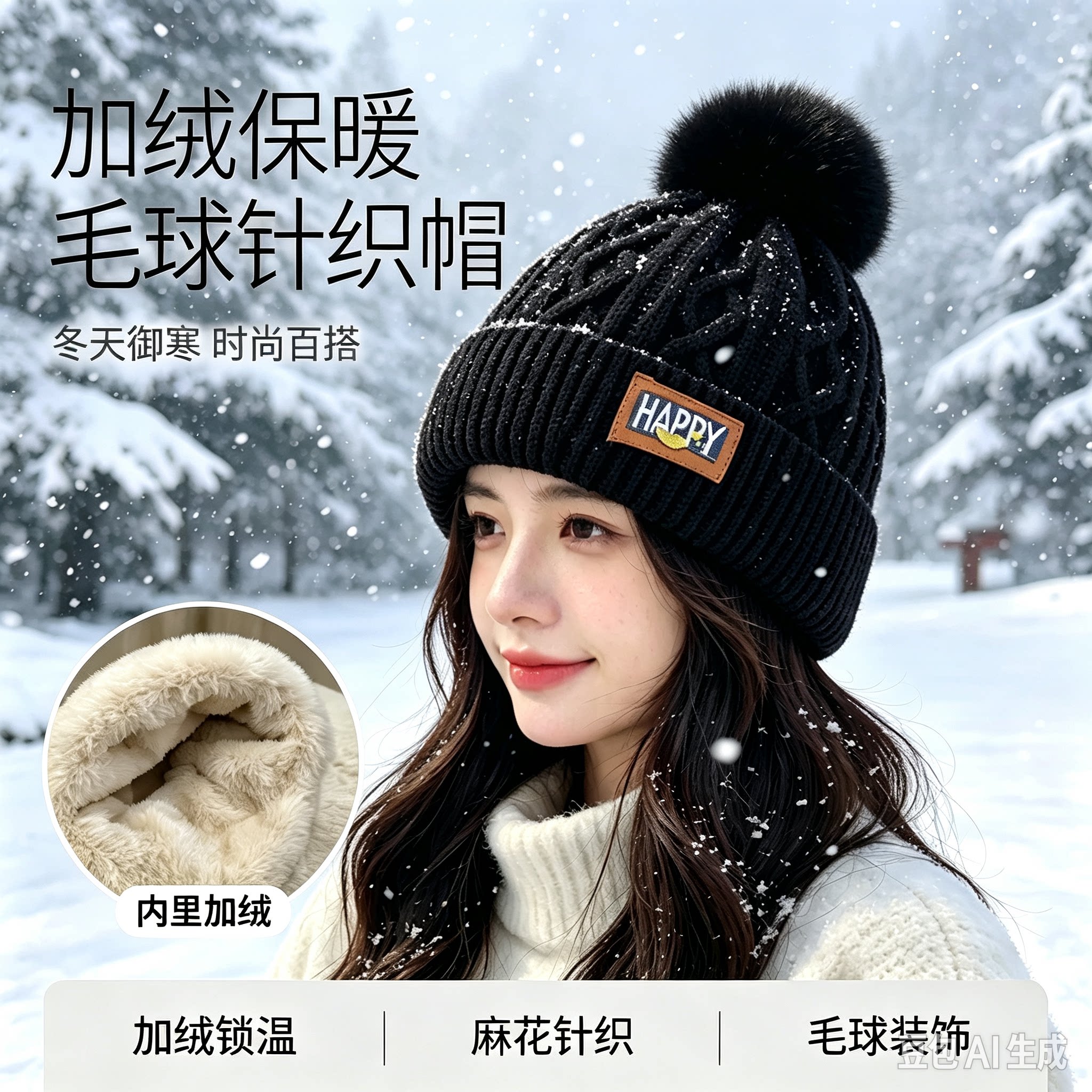 冬季女加绒加厚护耳毛球针织帽