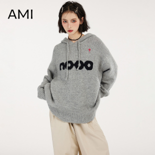 复古灰色连帽套头针织毛衣女秋冬外穿宽松慵懒风加厚上衣 AMI美式