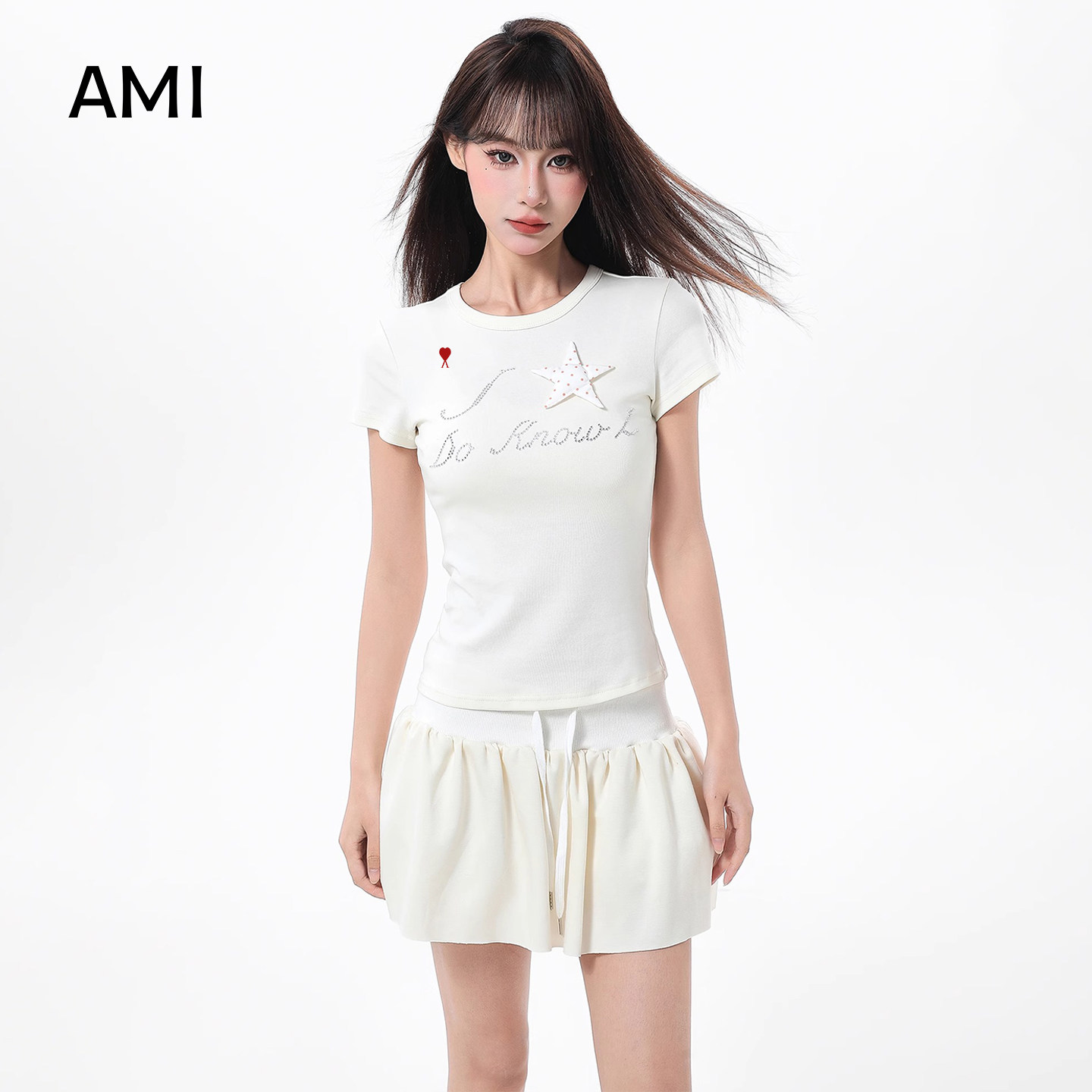 AMI美式白色辣妹烫钻印花短袖t恤女夏新款修身波点星星上衣打底衫