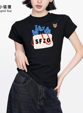 英国April Fox小狐狸美式修身短款t恤女2026夏季新款黑色纯棉上衣