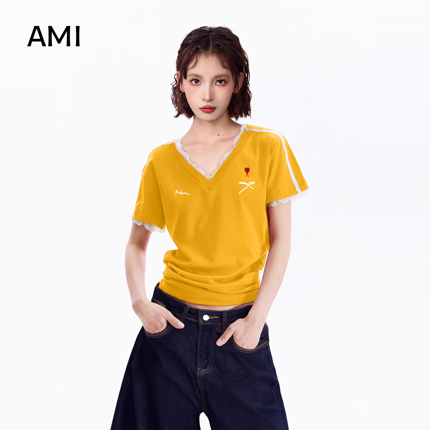 AMI美式复古黄色蕾丝v领正肩短袖t恤女夏季短款修身半袖纯棉上衣