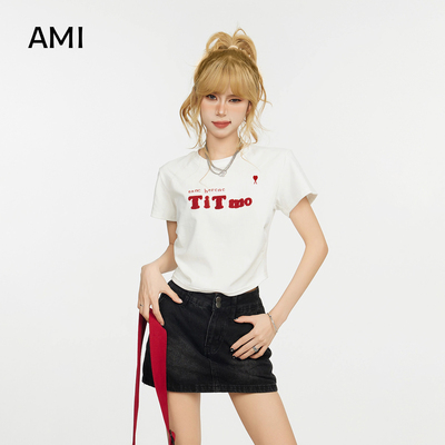 AMI美式复古白色正肩短袖t恤女夏季新款辣妹短款高腰露肚脐上衣潮