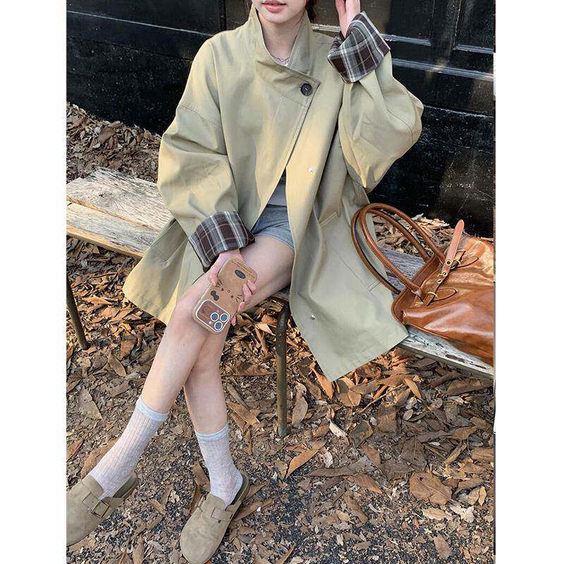 高级感拼接撞色风衣外套女2025春秋新款韩系宽松小个子英伦风大衣
