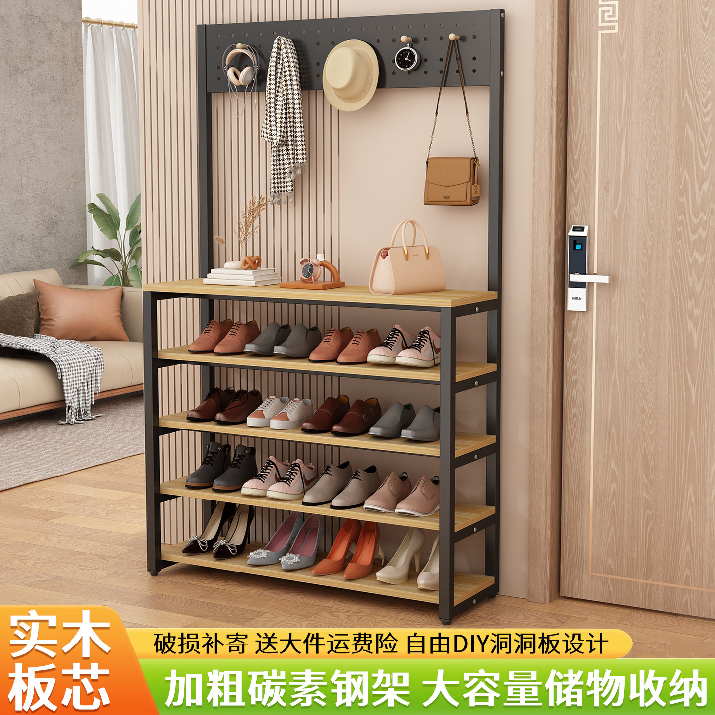 家用实木多层入户门鞋架挂衣架