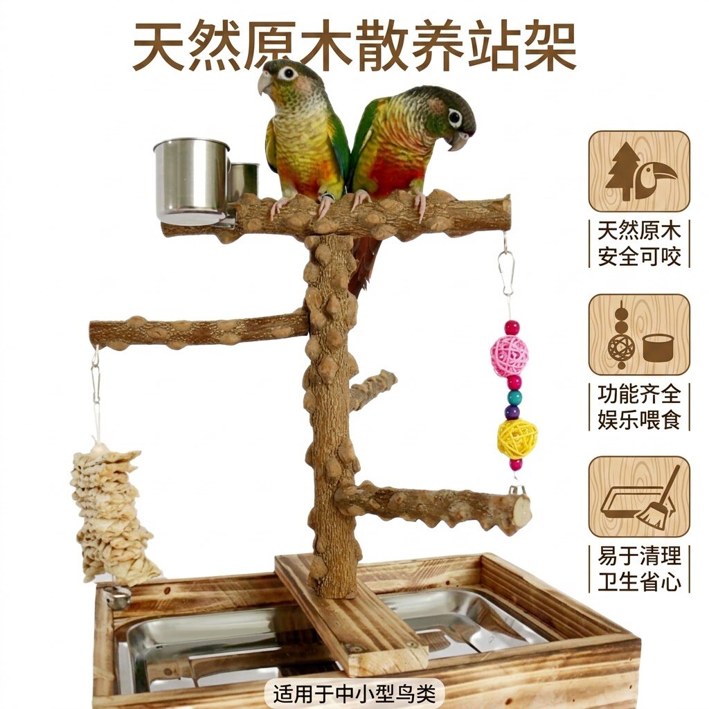 鹦鹉散养站架实木训鸟架子玩具用品花椒木桌面训练架 互动游乐场