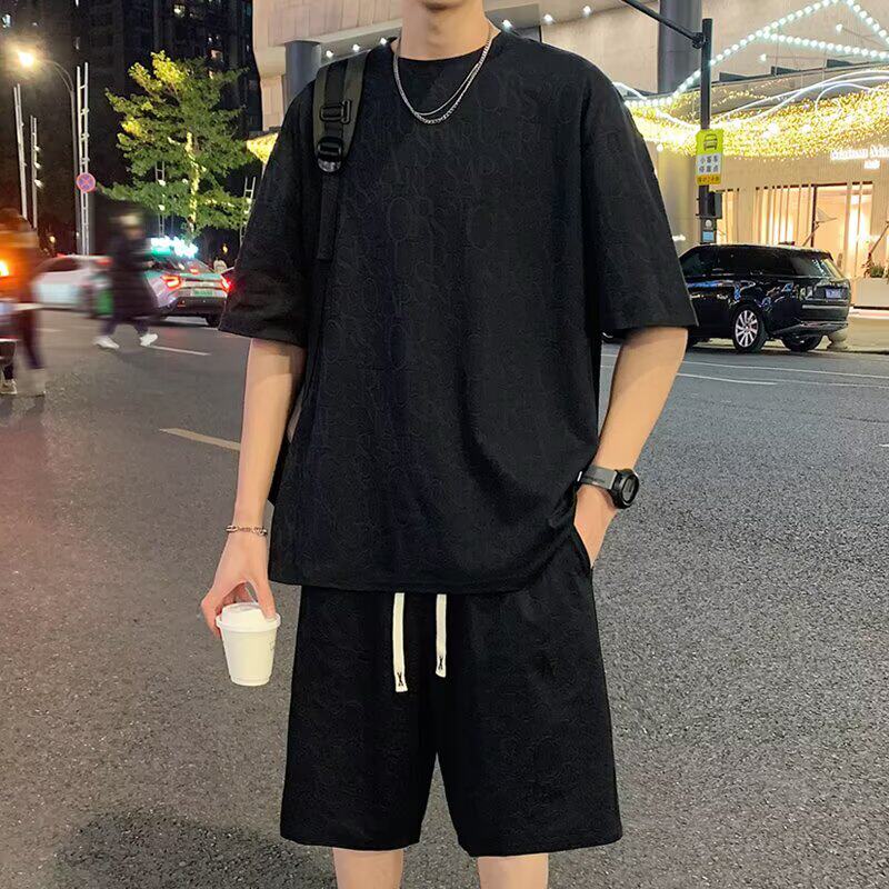 青少年夏季套装冰丝华夫格短袖t恤男生休闲运动短裤搭配帅气一套