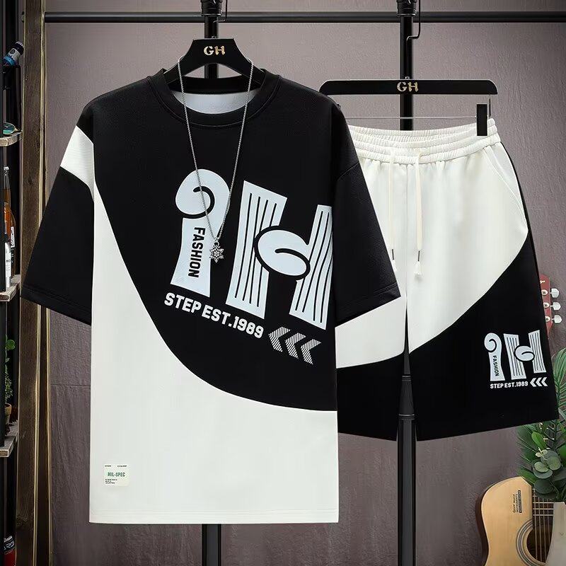 休闲T恤男生夏季薄款运动短裤套装青少年拼色五分沙滩裤子两件套