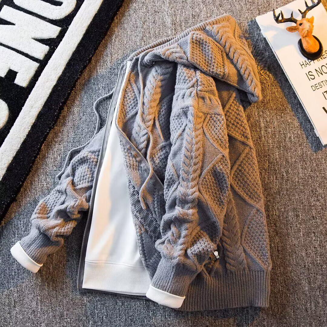 复古慵懒风开衫连帽针织衫外套男装潮牌高级感百搭休闲毛衣潮流