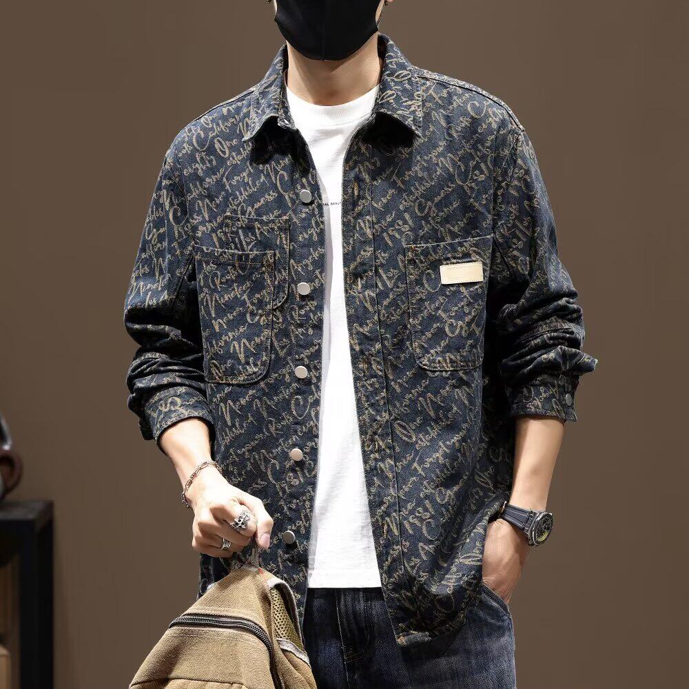 LTL 春季新款提花牛仔衬衫男水洗春秋翻领外套薄款休闲衬衣夹克