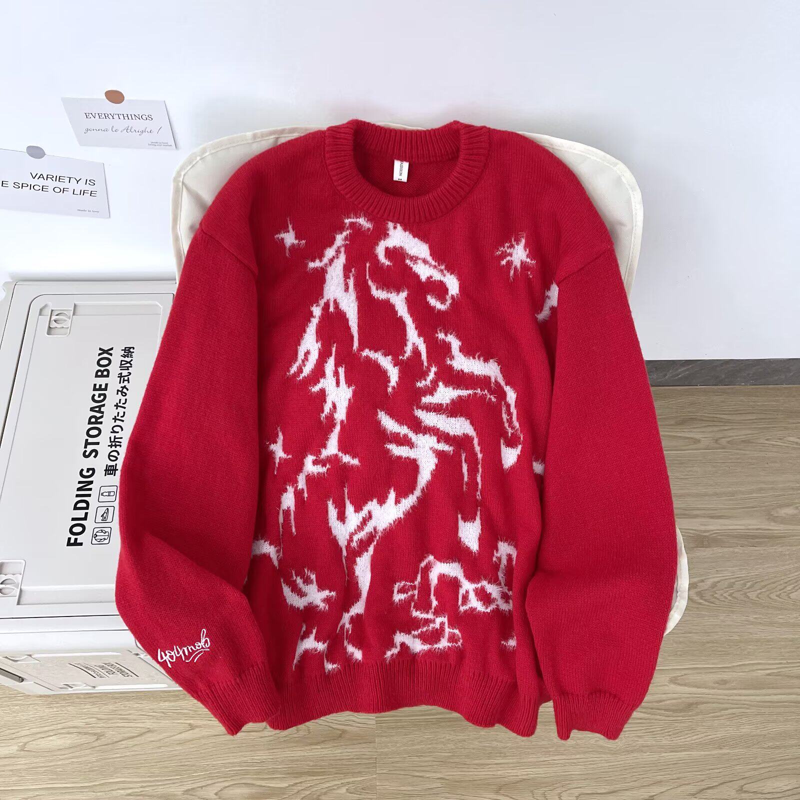 新年红色毛衣男款2026冬季新款慵懒风美式潮牌圆领针织衫情侣毛衣