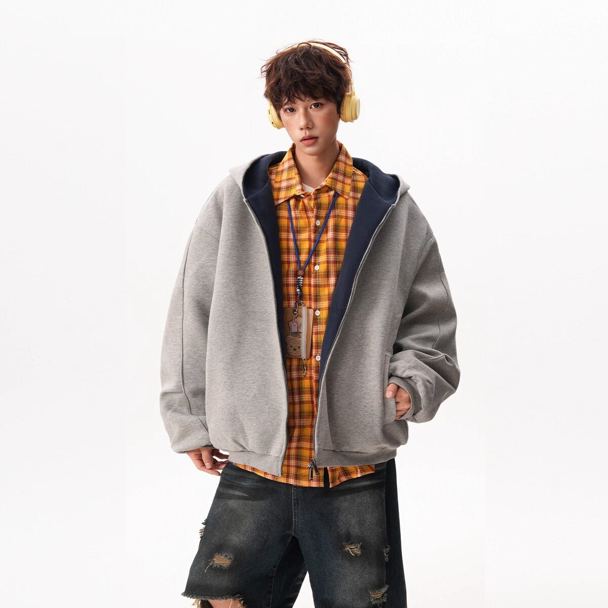 重磅廓形双拉链连帽卫衣男女2025秋季潮宽松撞色帽衫情侣开衫外套