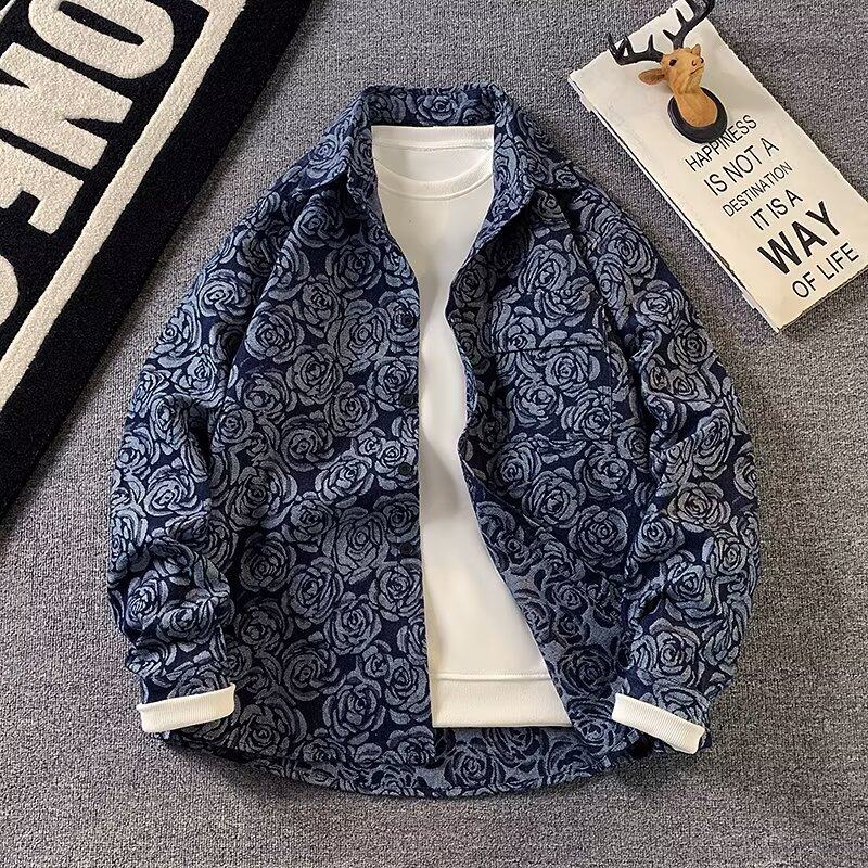 常规长袖翻领ins秋季蓝色玫瑰提花宽松牛仔衬衫碎花潮标准青少年