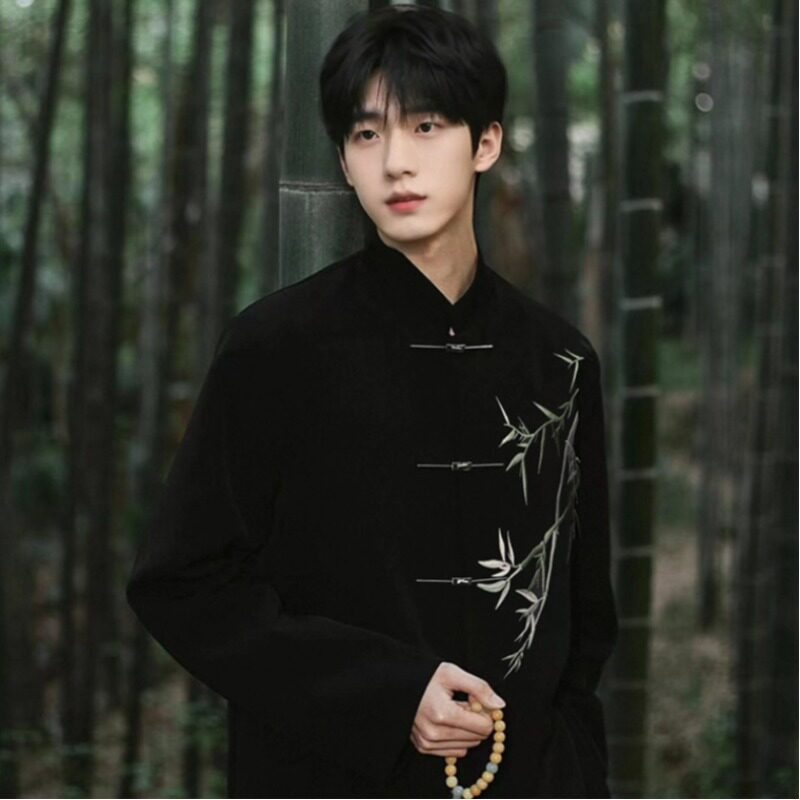 中国风翠竹刺绣立领唐装夏季薄款中山装礼服男士新郎结婚西服套装