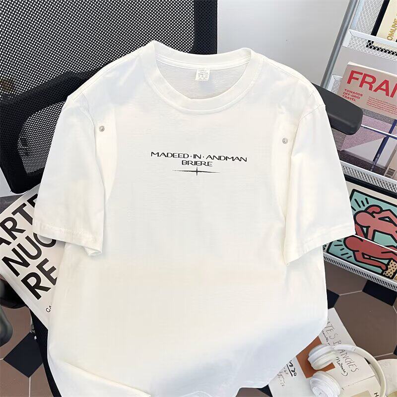 高街假两件短袖t恤男夏季重磅纯棉设计感小众潮牌纯色半截袖体恤