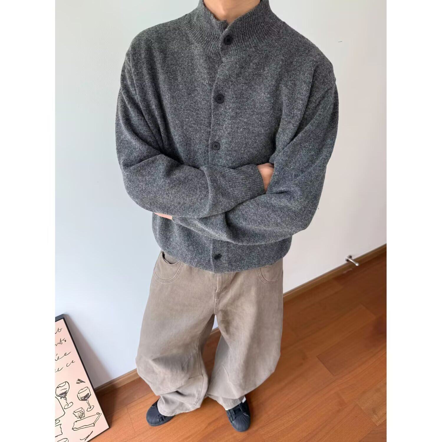 日系男士复古圆领羊毛开衫秋冬季宽松休闲针织衫高级感毛衣外套