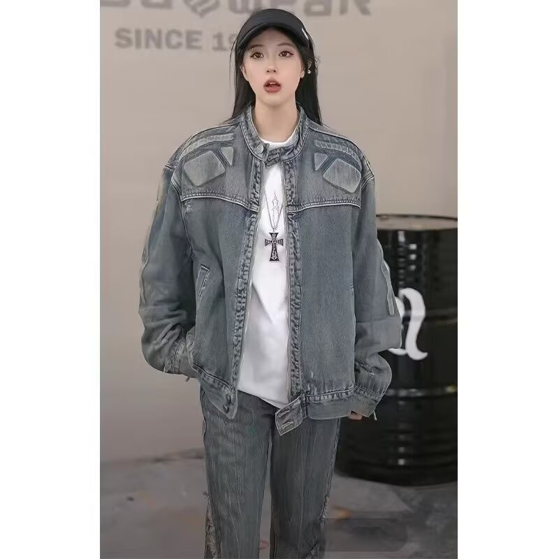 短款牛仔外套男款春秋拉链设计夹克古着vintage美式潮牌上衣褂子