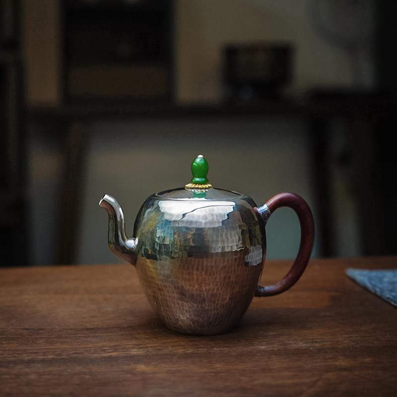 纯银999足银美人肩泡茶壶功夫茶茶具日式家用锤纹一张打银壶 清霄