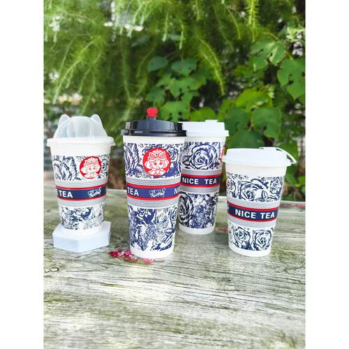 500/700ml一次性纸杯热饮奶茶杯 国风外卖冷热通用咖啡杯商用带盖