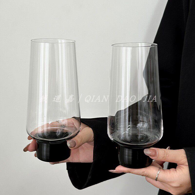 复古高级感黑底手把杯矮脚果汁杯咖啡杯冷饮玻璃杯mojito莫吉托杯