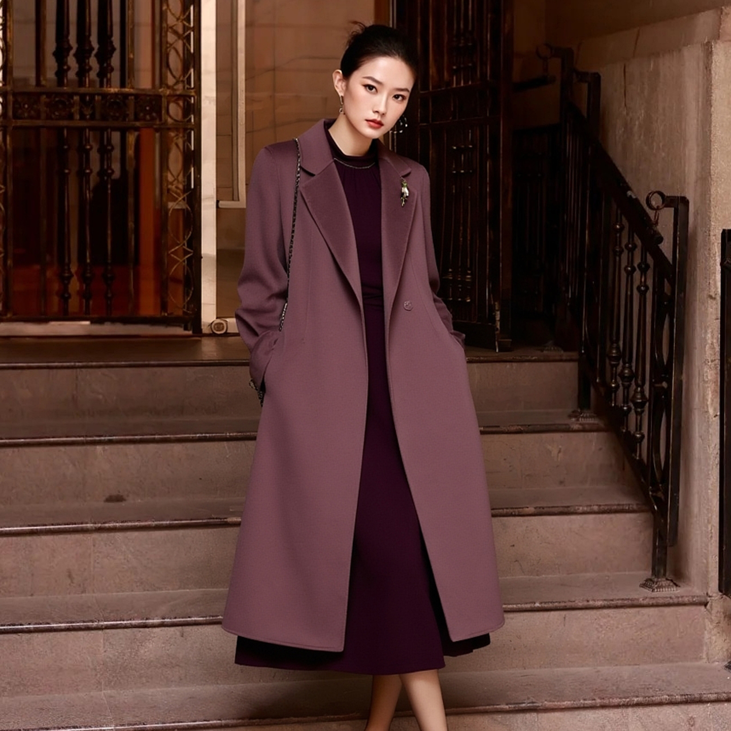 干枯玫瑰粉X型长袖长款大衣