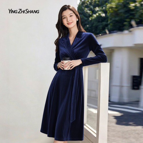 赢智尚蓝色丝绒西装裙女