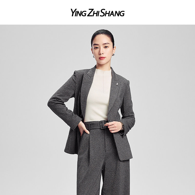 赢智尚outlet 英伦风西装外套女冬季新款绵羊毛格纹商务职业正装
