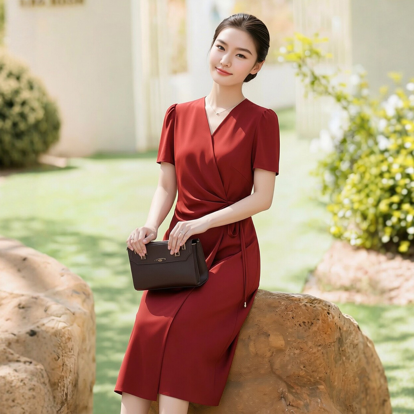 赢智尚outlet 红色缎面连衣裙女2026夏季新款通勤围裹式收腰裙子