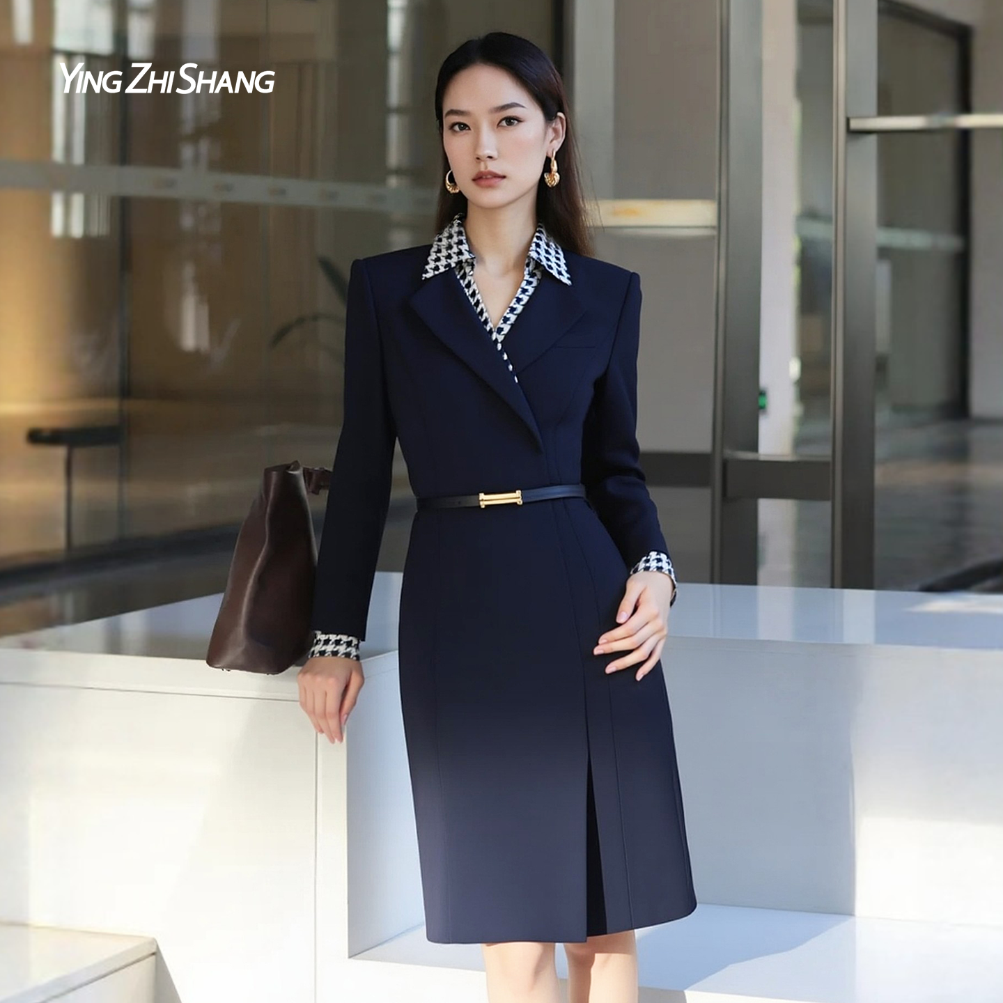 赢智尚藏蓝色西装裙女2026春超好看的冬装连衣裙大方得体绝美裙子