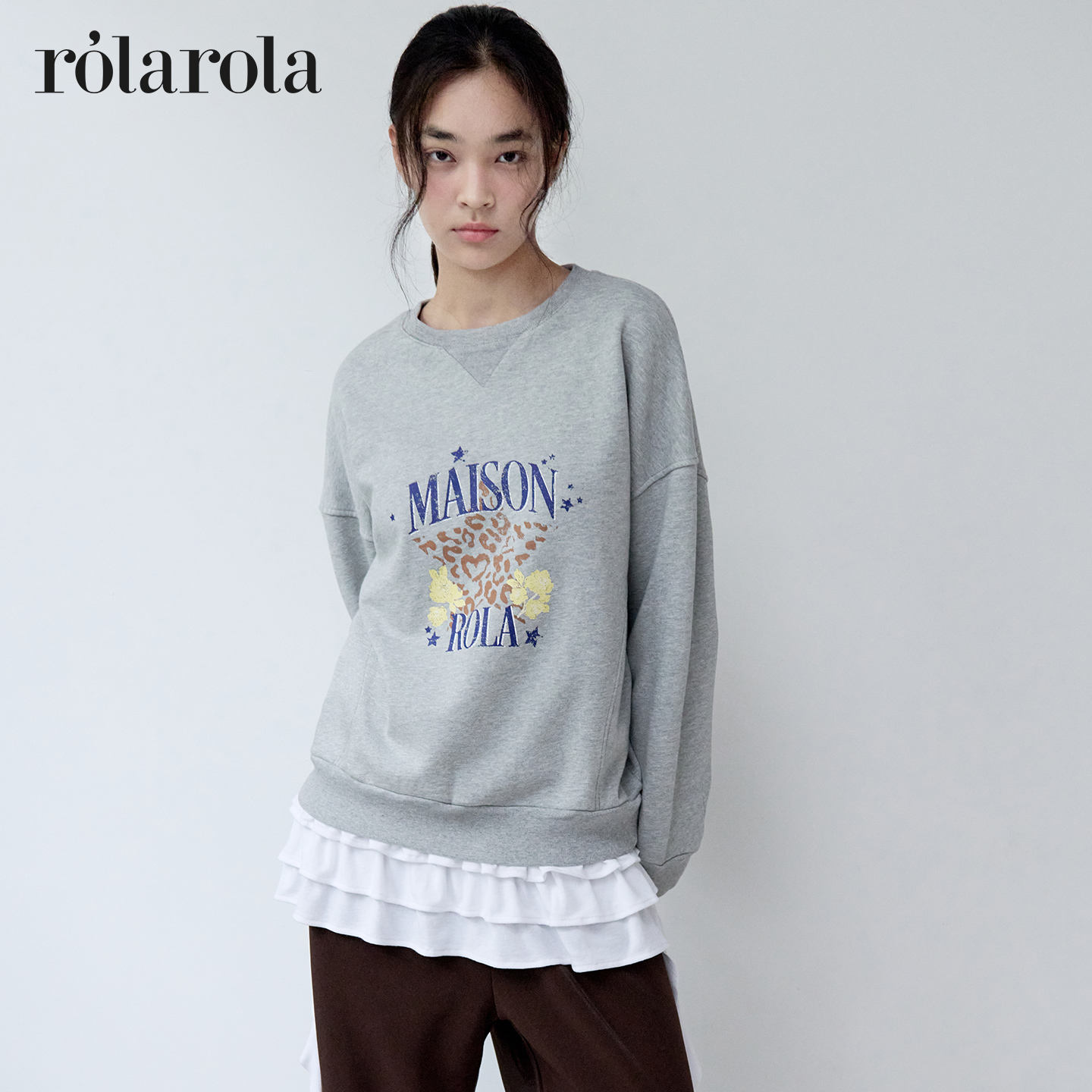 ROLAROLA25年早秋新品复古裂痕印花纯棉卫衣圆领套头长袖宽松上衣