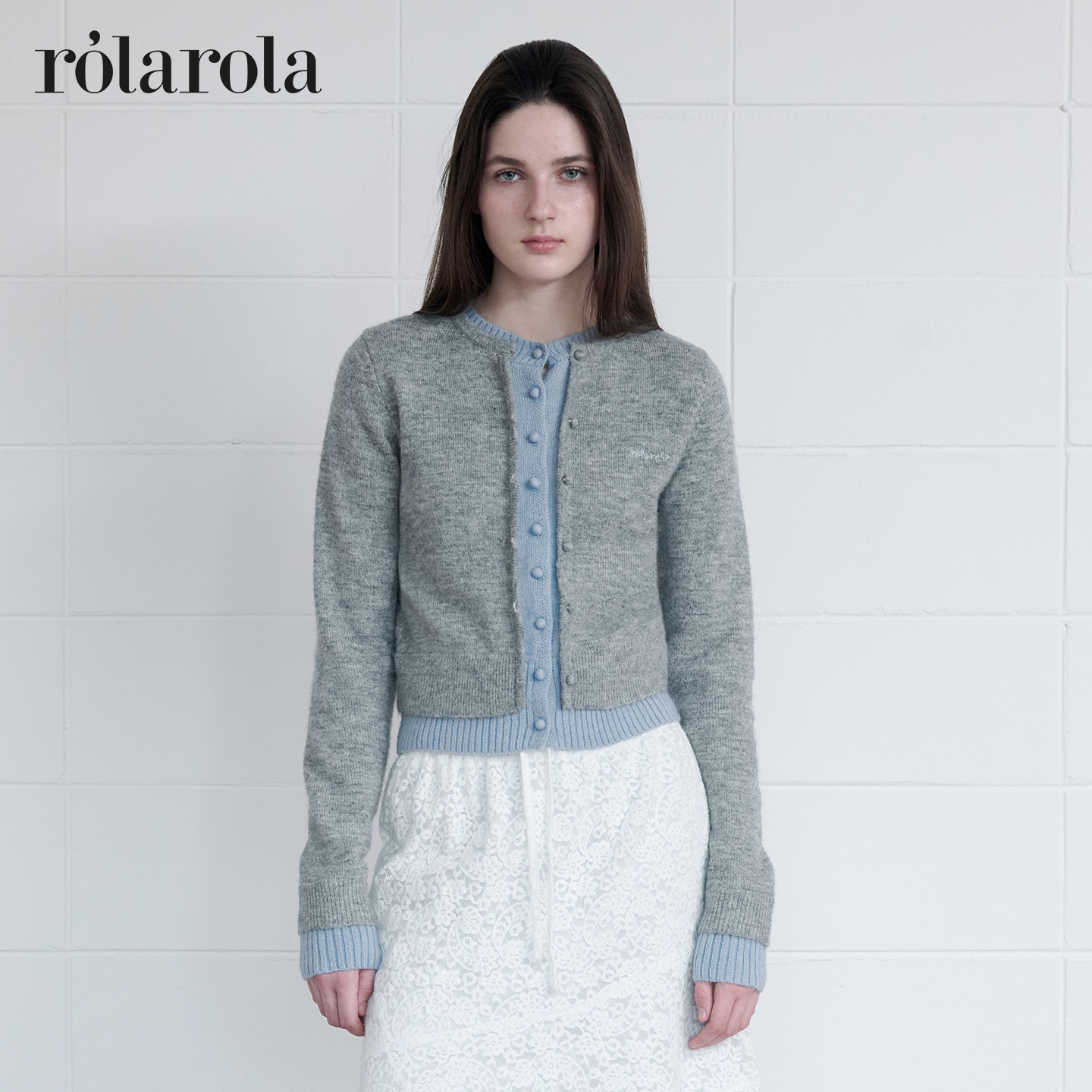 ROLAROLA25年秋冬新款羊毛针织开衫女短款双排扣可爱风假两件叠穿