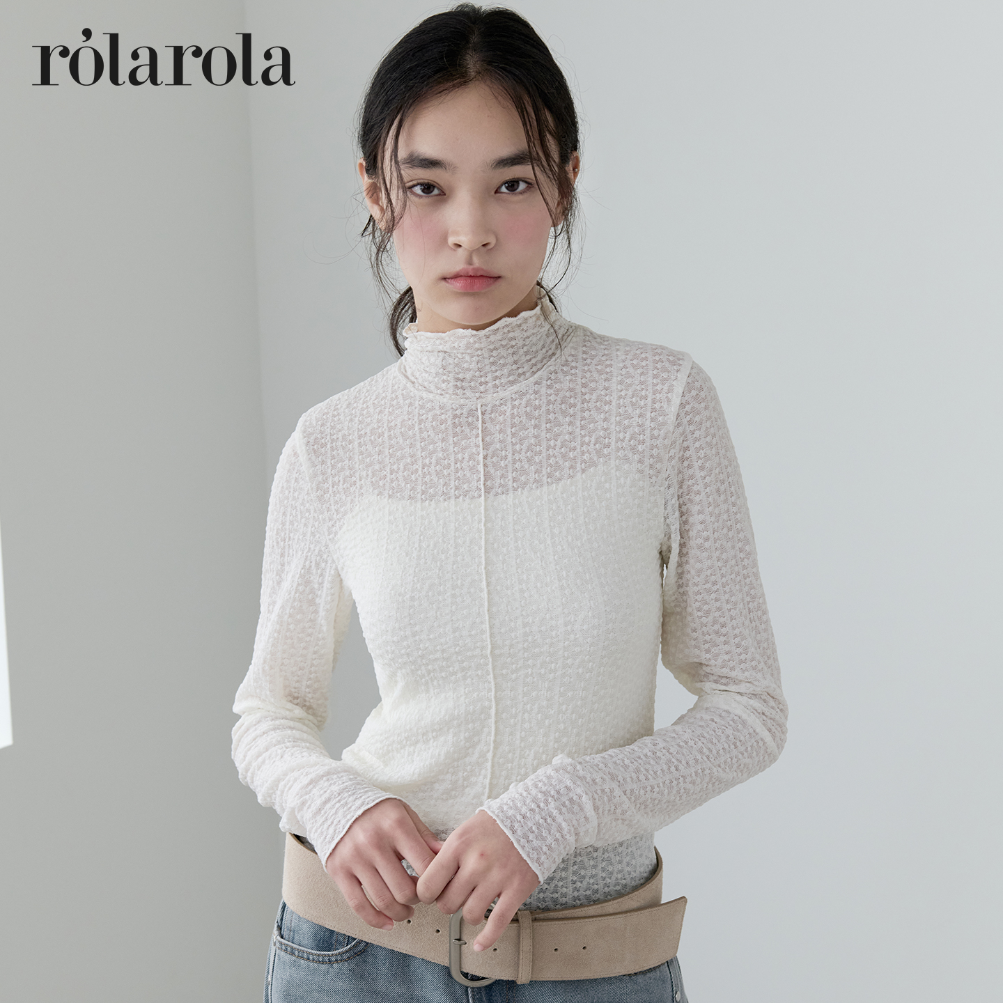 ROLAROLA25年秋冬新款高领蕾丝打底衫少女透视感内搭洋气法式上衣
