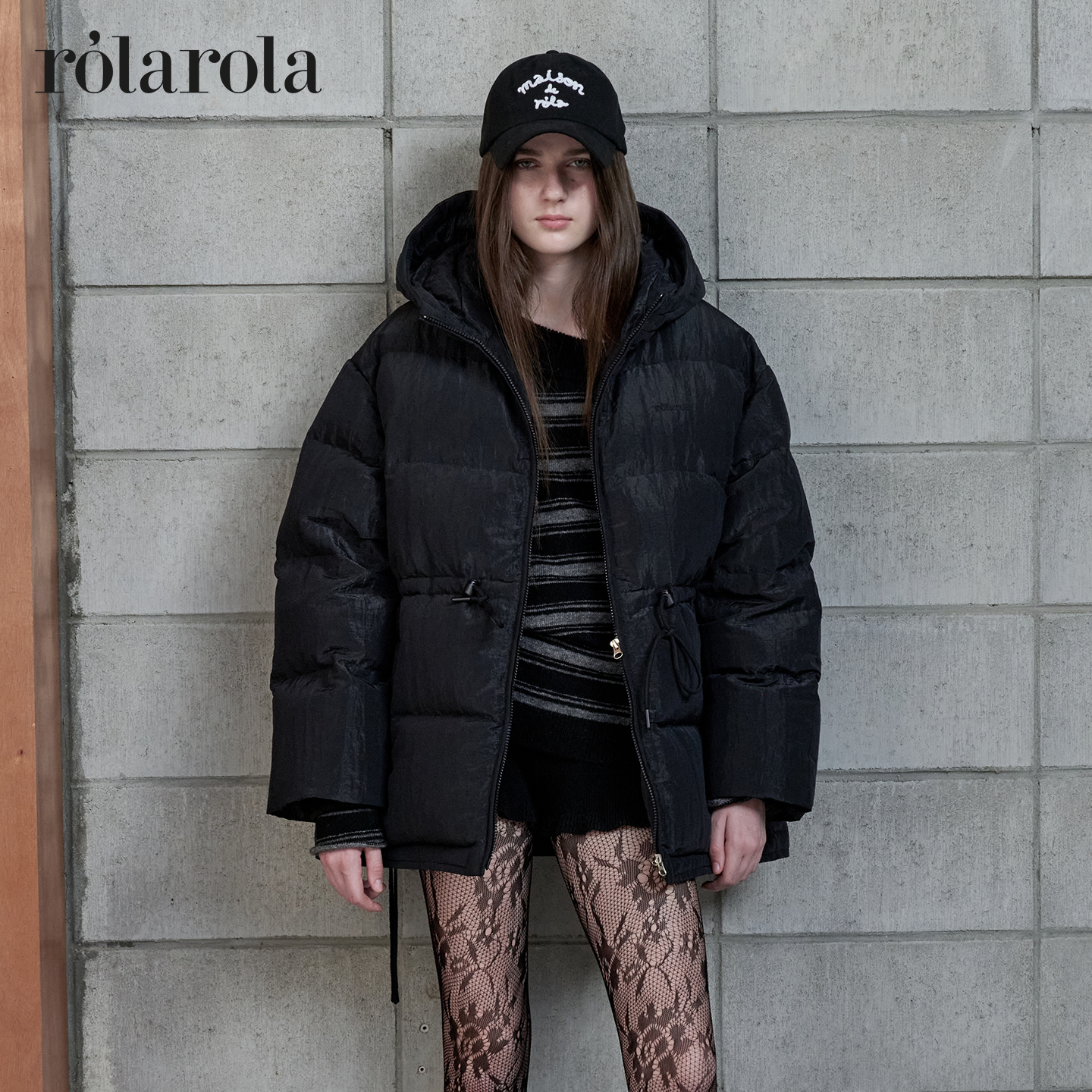 ROLAROLA25年冬新款连帽羽绒服女宽松轮廓抽绳可调节保暖外套