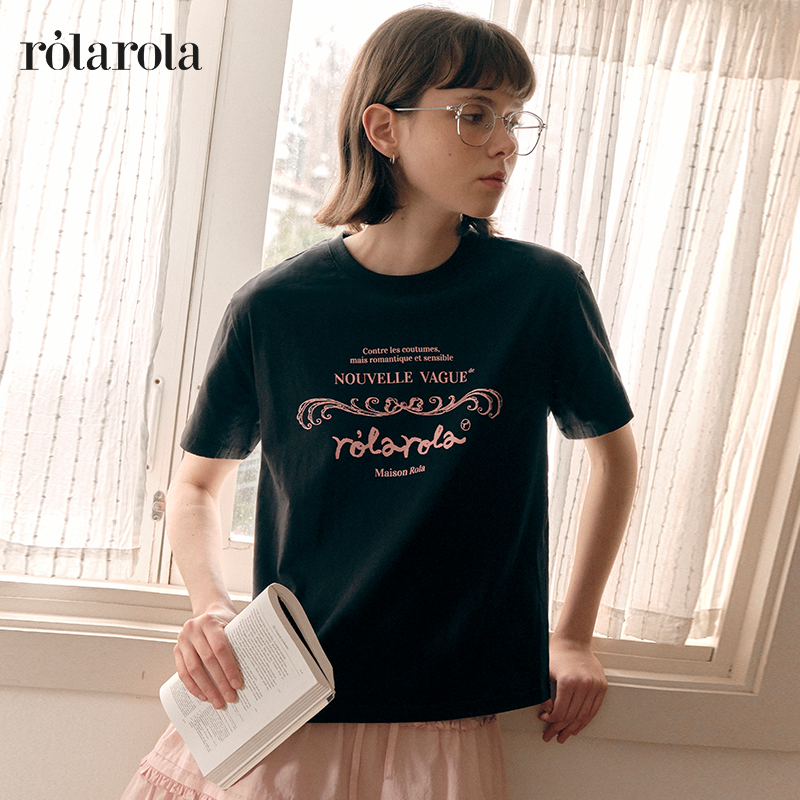 [张元英同款]ROLAROLA25夏季新款字母印花圆领短袖T恤女休闲上衣