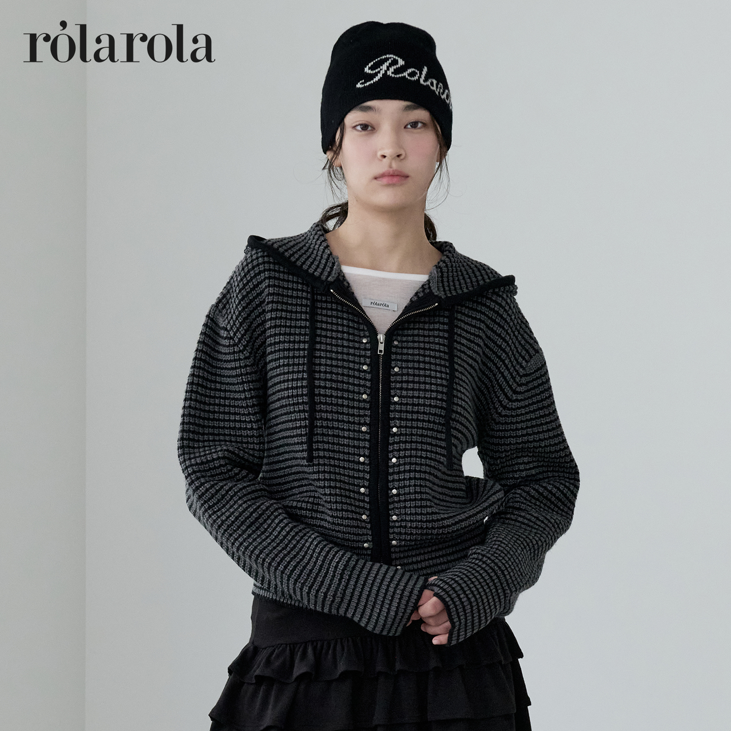 [张元英同款]ROLAROLA25年秋新款条纹连帽拉链针织开衫外套女毛衣