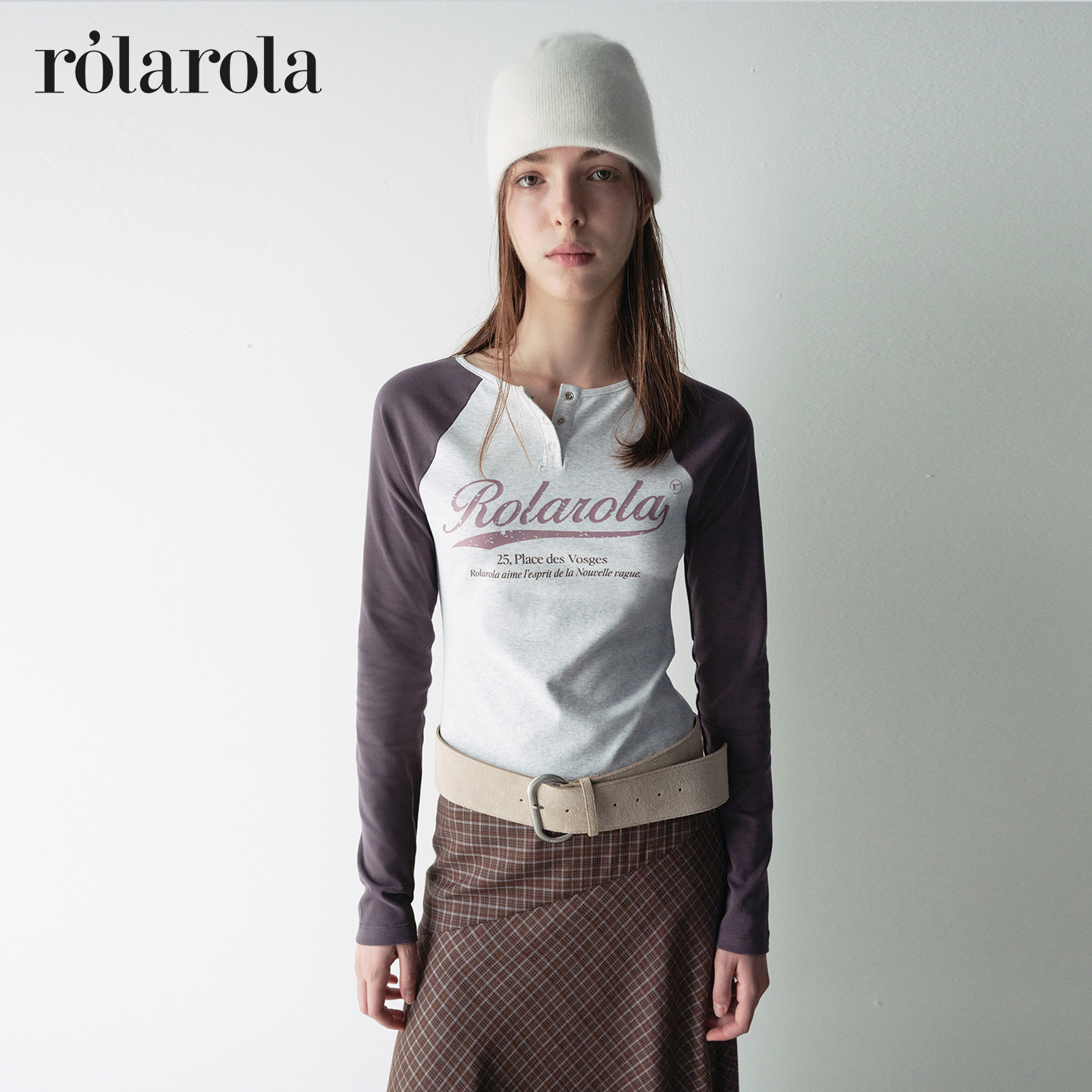 [张元英同款]ROLAROLA25年秋新款长袖插肩T恤撞色休闲复古上衣