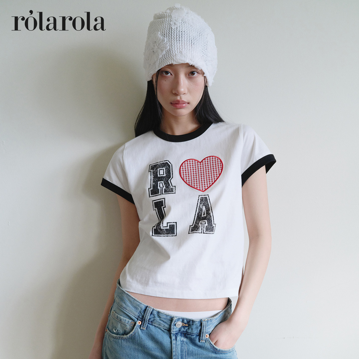 [张元英同款]rolarola26年新款撞色短袖T恤字母爱心印花圆领短款