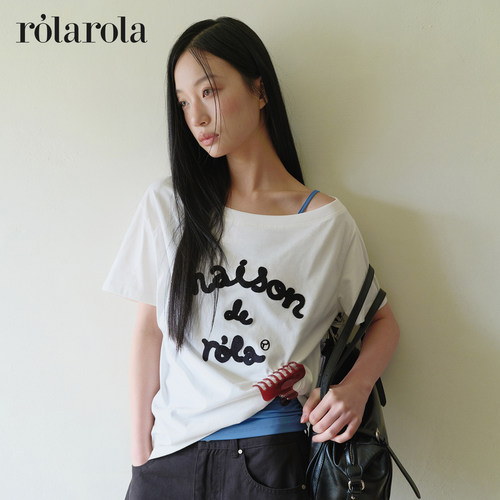 [张元英同款]ROLAROLA 26年新品字母印花美式斜肩宽松简约圆领T恤