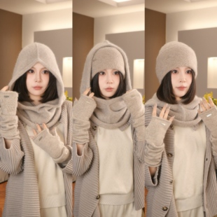 浣熊绒帽子围脖围巾一体巴拉克拉法帽女防风冷帽毛线针织独特漂亮